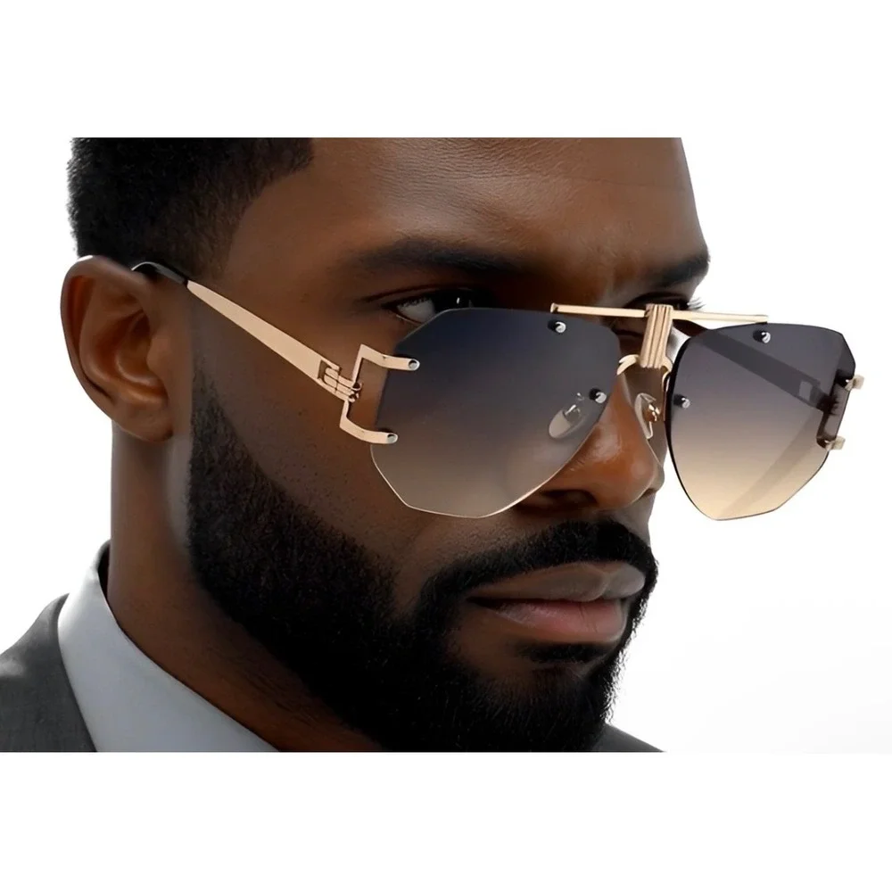Men Brown Sunglasses Square Rimless Elegant Classy Oversized Exaggerated Lentes‎